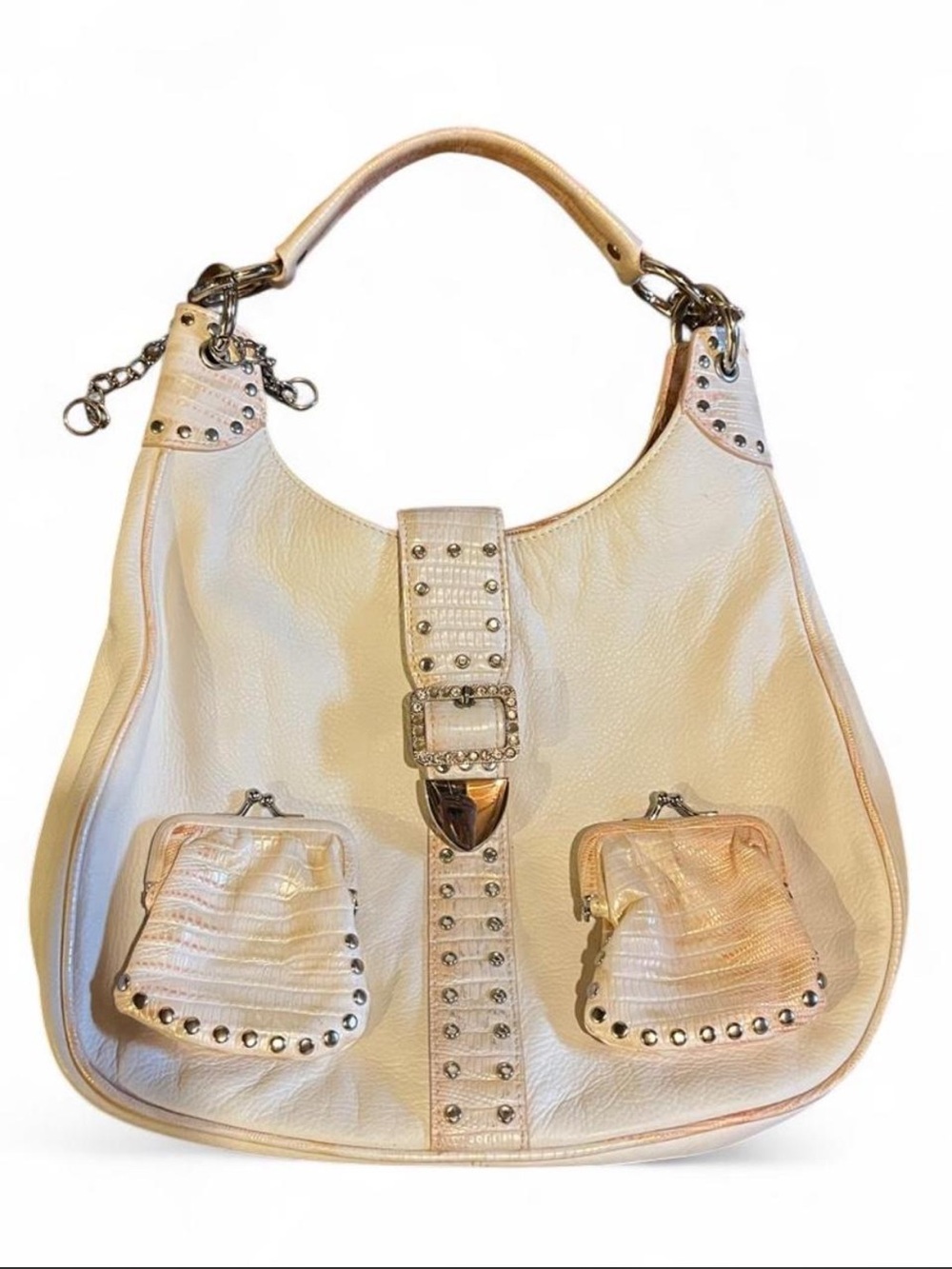 Cream Stud-Accent Hobo Bag with Buckle Detail - Picture 1 of 3
